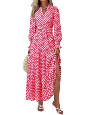 PrettyGarden Women's Floral Pink Sleeve V Neck A Line Flowy Maxi Long Dress